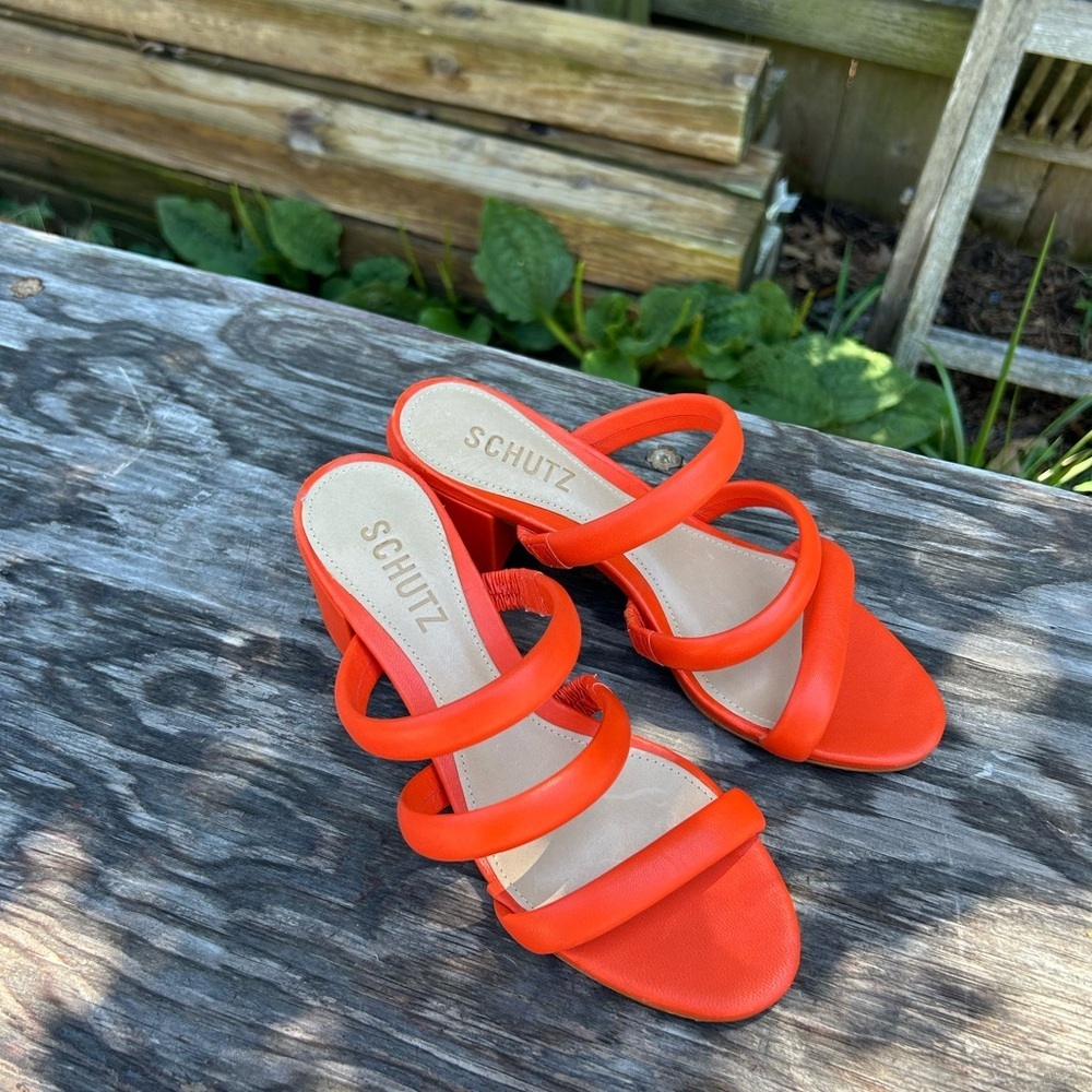 New Schutz Olly Mid Block‎ Nappa Bright Orange Leather Sandal size 5.5